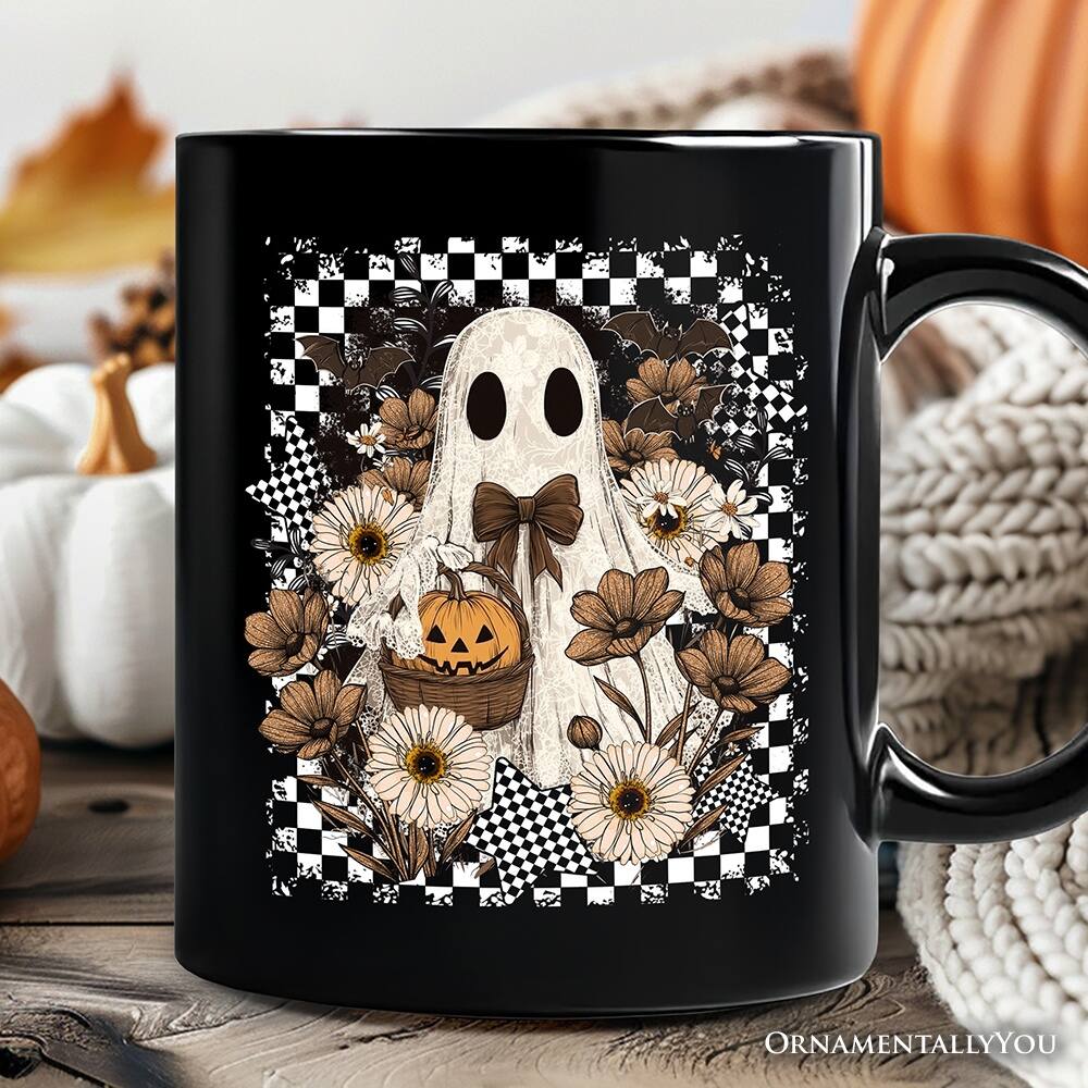 Back. OrnamentallyYou - Retro Ghost Floral Halloween Mug, Spooky Vintage Checkered Gift - Black.