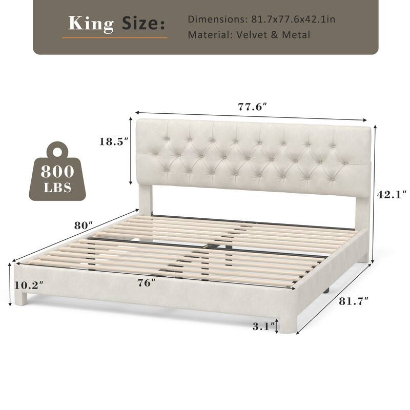 King Size:  
Dimensions: 81.7x77.6x42.1in  
Material: Velvet & Metal  

800 LBS  

77.6"  
42.1"  
80"  
10.2"  
76"  
81.7"  
3.1"