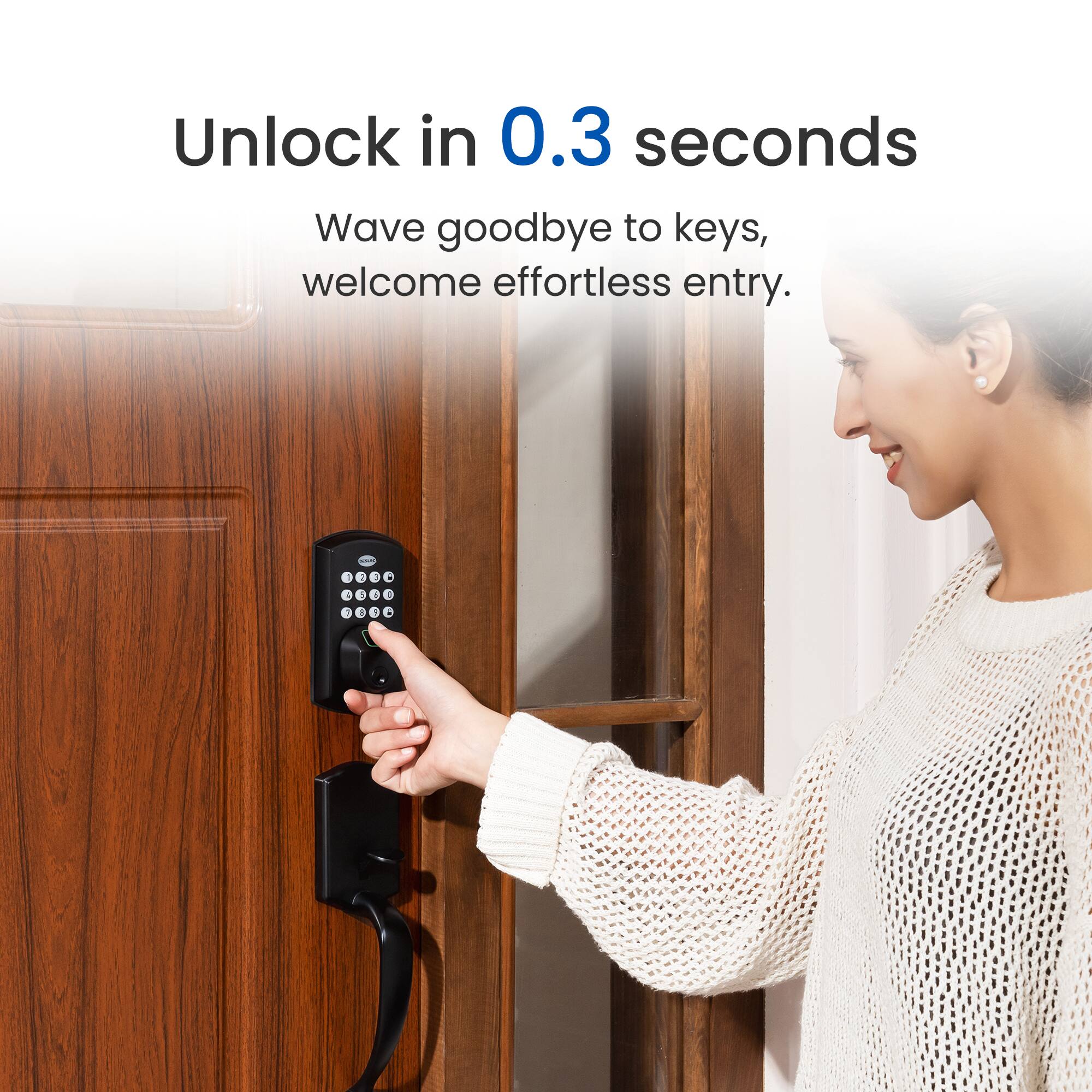 Unlock in 0.3 seconds. Wave goodbye to keys, welcome effortless entry.