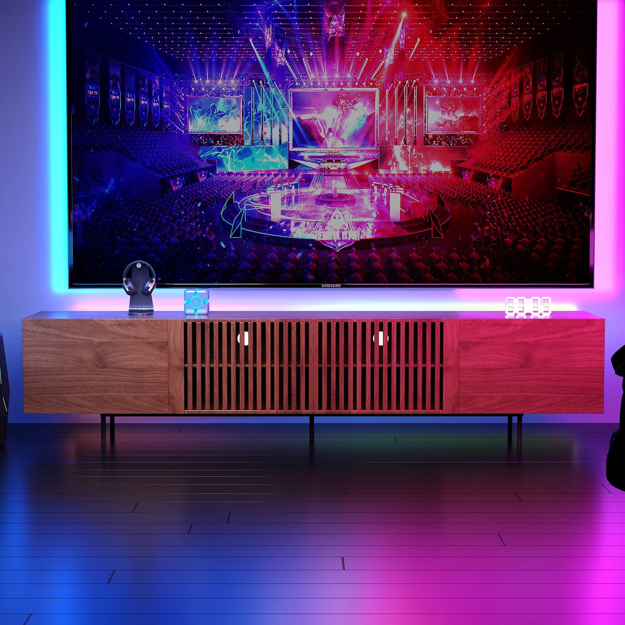 Left. luck idea - Walnut Grain TV Stand (Oversized) | Living Room Entertainment Center - Open Storage + Cable Organization - 70.87inch.