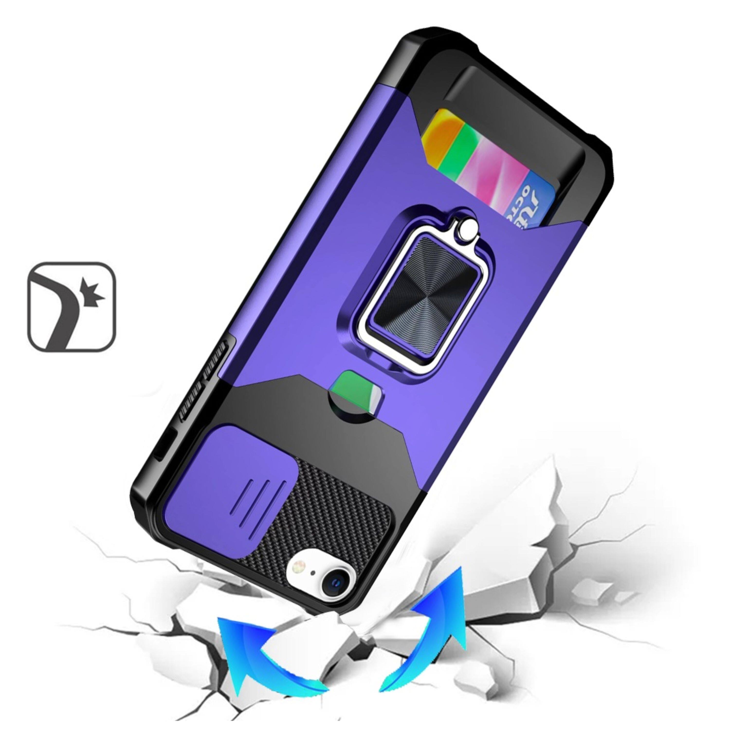 Left. Kitcheniva - Rugged Multi-Use Card Magnetic Ring Stand Cover Phone Case With Tempered Glass For iPhone 16e/17e - Dark Purple.