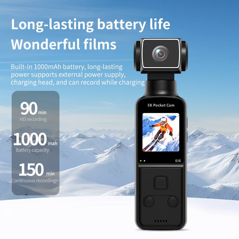 Long-lasting battery life  
Wonderful films  

Built-in 1000mAh battery, long-lasting power supports external power supply, charging head, and can record while charging  

90 min HD recording  
1000 mah Battery capacity  
150 min Continuous recording+  
EIS
