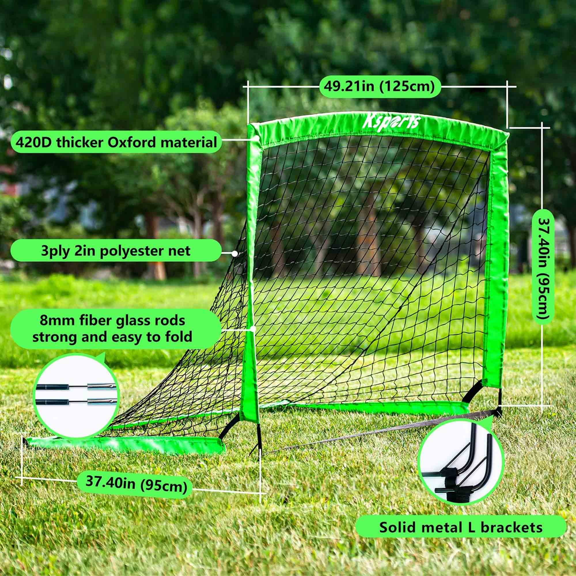 49.21in (125cm)  
420D thicker Oxford material  
3ply 2in polyester net  
8mm fiber glass rods strong and easy to fold  
37.40in (95cm) x 37.40in (95cm)  
Solid metal L brackets
