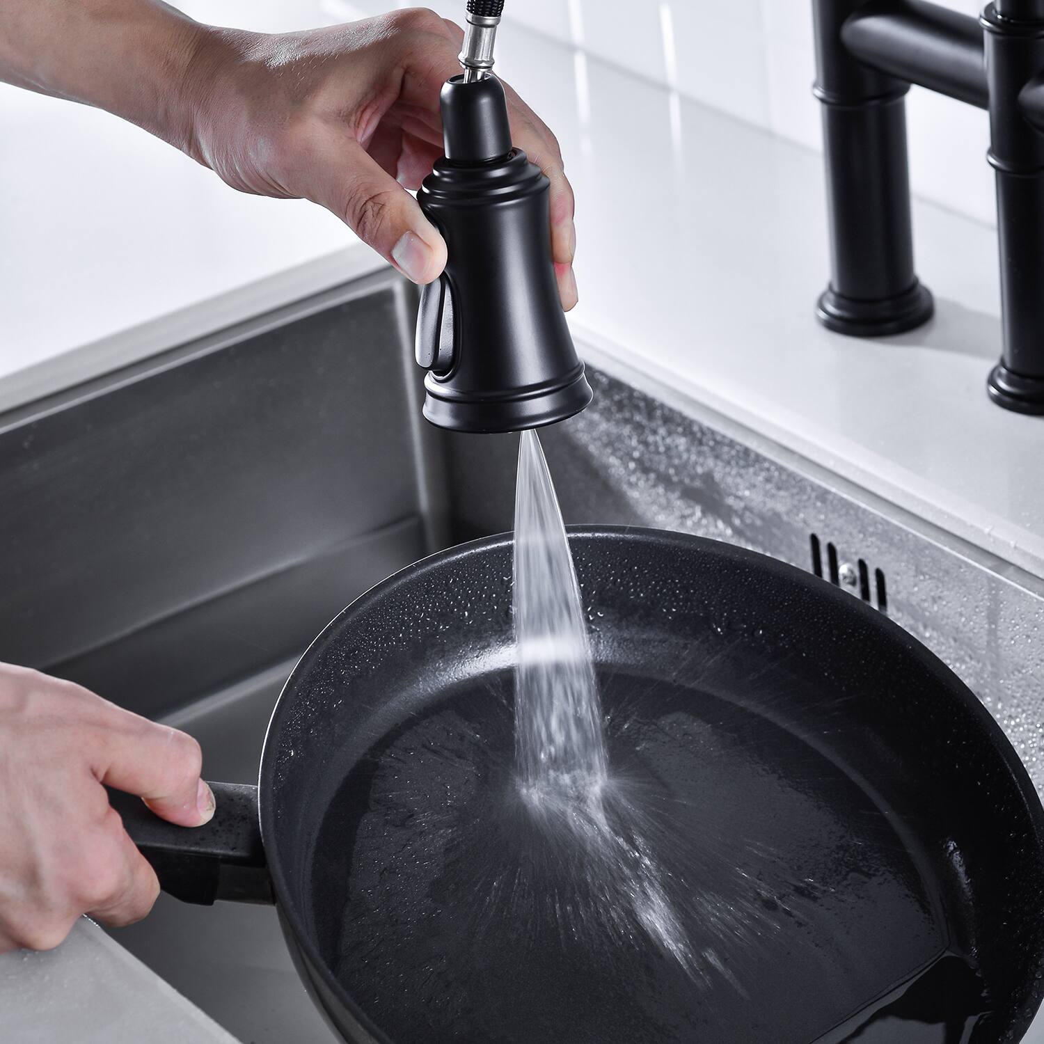 Angle. Siljoy - Bridge Kitchen Faucet with Pull-Down Sprayhead in Spot - Matte Black.