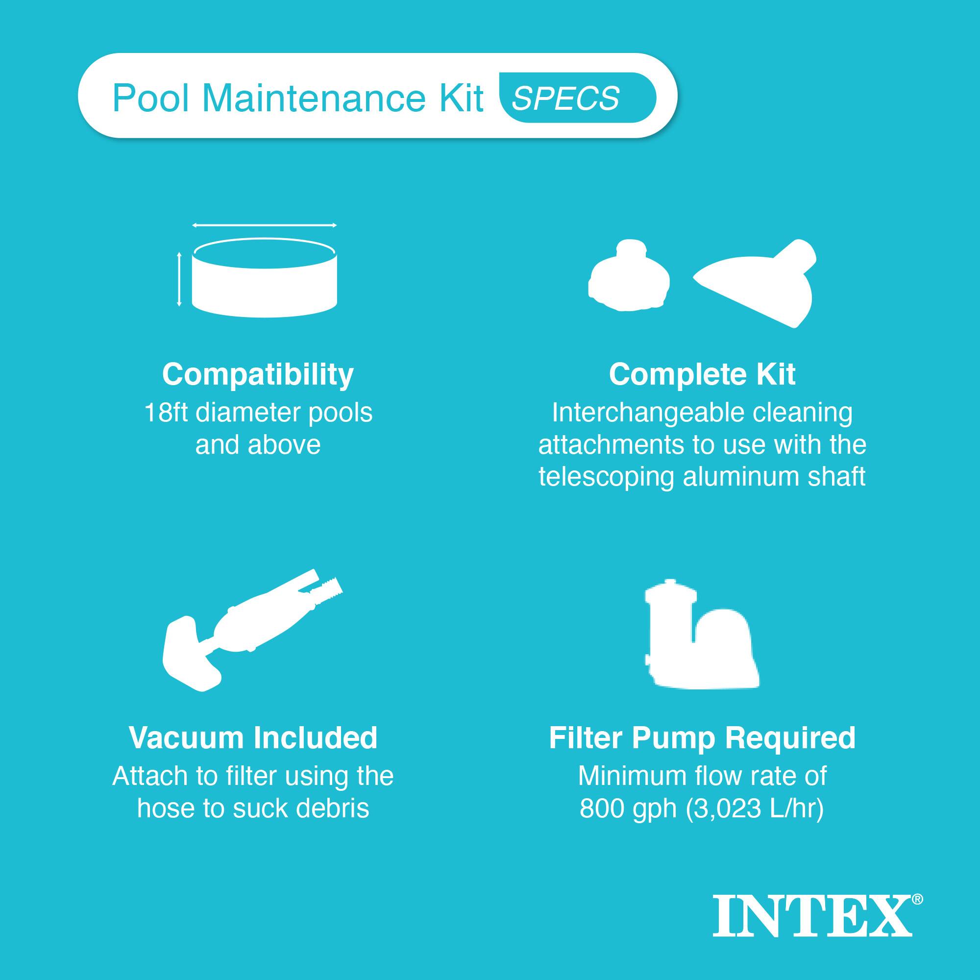 Pool Maintenance Kit  
**SPECS**

- **Compatibility**  
  18ft diameter pools and above

- **Complete Kit**  
  Interchangeable cleaning attachments to use with the telescoping aluminum shaft

- **Vacuum Included**  
  Attach to filter using the hose to suck debris

- **Filter Pump Required**  
  Minimum flow rate of 800 gph (3,023 L/hr)

INTEX