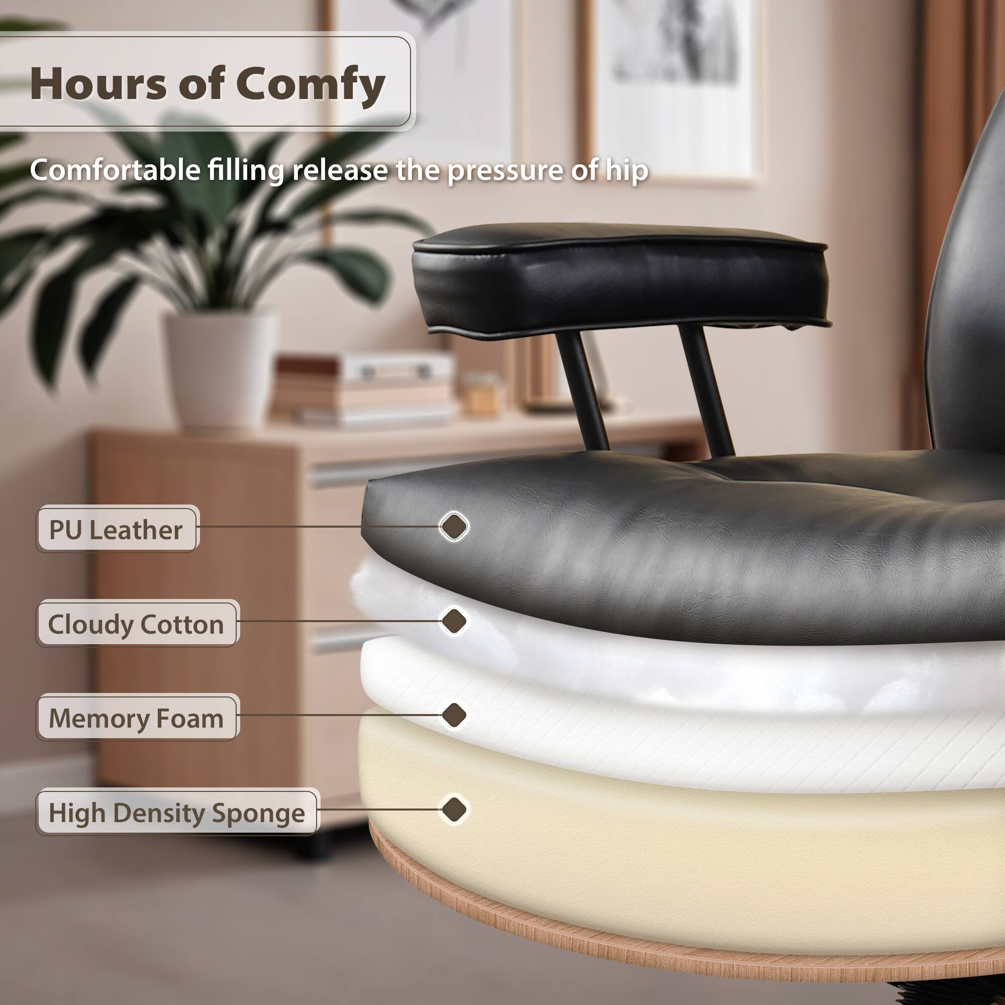 Hours of Comfy  
Comfortable filling release the pressure of hip  

PU Leather  
Cloudy Cotton  
Memory Foam  
High Density Sponge