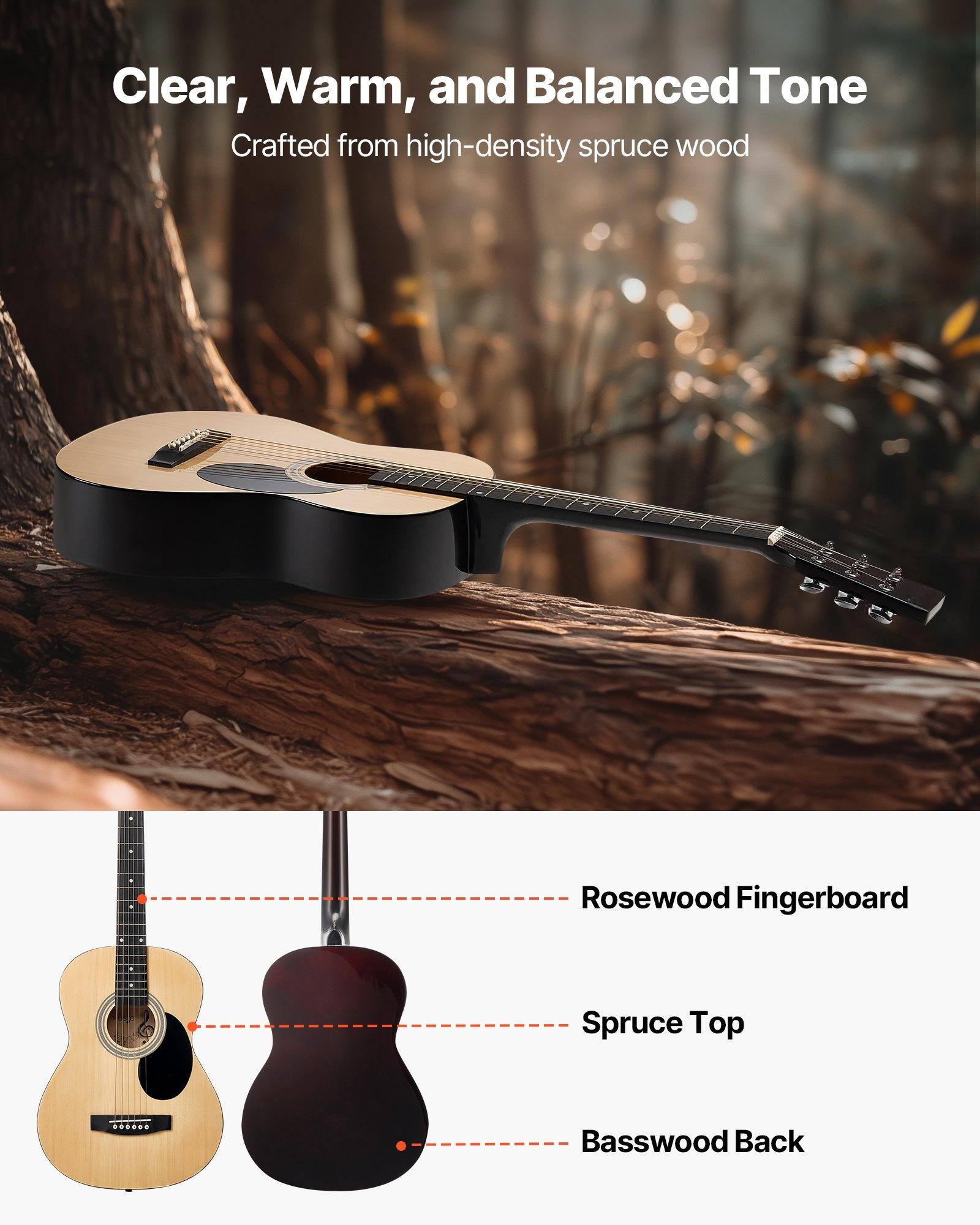 Clear, Warm, and Balanced Tone  
Crafted from high-density spruce wood  

- Rosewood Fingerboard  
- Spruce Top  
- Basswood Back