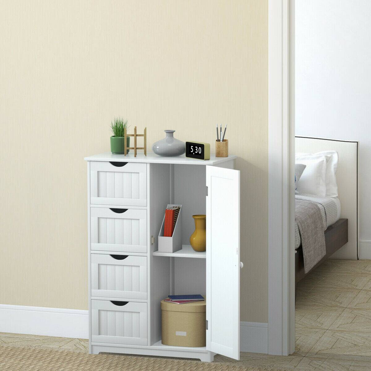 Alt View 6. Gymax - Gymax Bathroom Floor Cabinet Storage Organizer Cupboard w/ 4 Drawers Adjustable Shelf White - White.