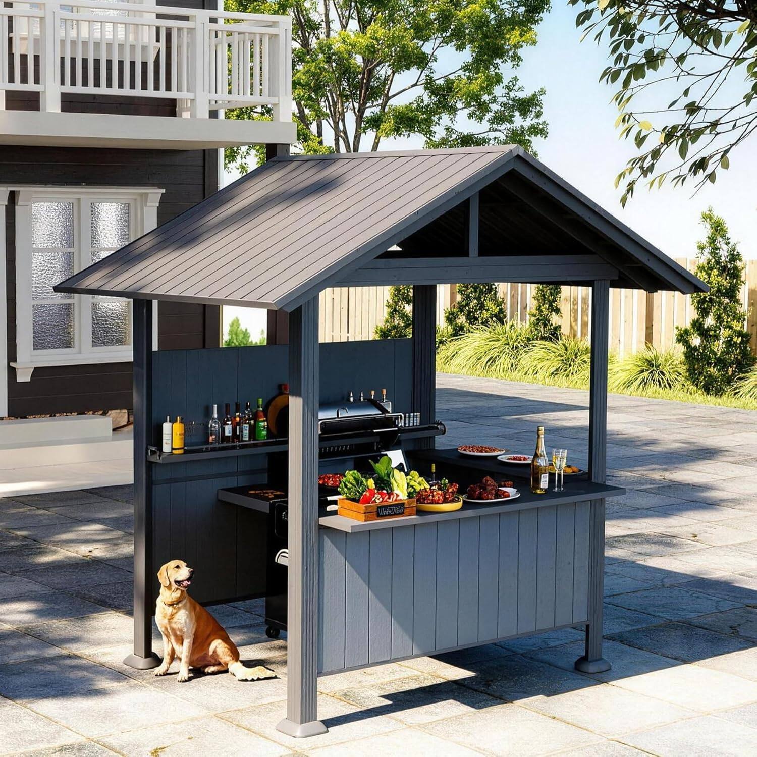 Alt View 5. Loheer - Loheer Hardtop Grill Gazebo 9.4 x 6.2 Ft Outdoor Grill Gazebo with Shelves, Galvanized Steel Roof, Grey.