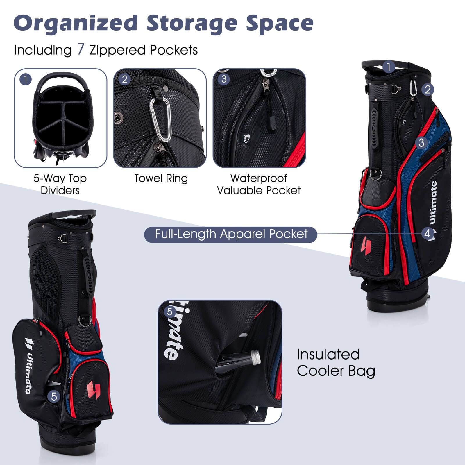Organized Storage Space Including 7 Zippered Pockets

1. 5-Way Top Dividers
2. Towel Ring
3. Waterproof Valuable Pocket
4. Full-Length Apparel Pocket
5. Insulated Cooler Bag