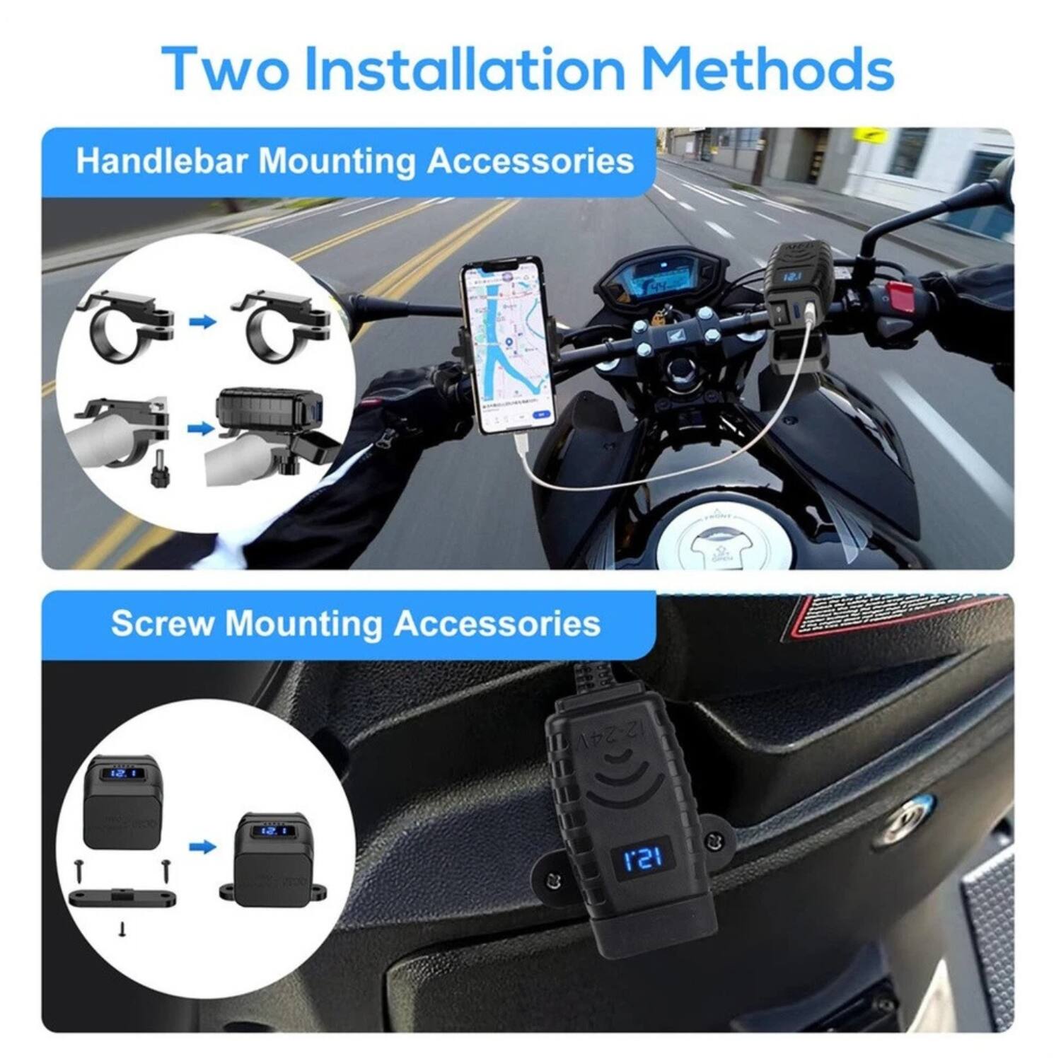Two Installation Methods

Handlebar Mounting Accessories

Screw Mounting Accessories
