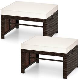 Costway - 2 PCS Patio PE Rattan Ottomans with Soft Zippered Cushions for Deck Outdoor - White