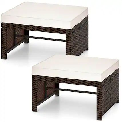 Front. Costway - Costway 2 PCS Patio PE Rattan Ottomans with Soft Zippered Cushions for Deck Outdoor White - White.