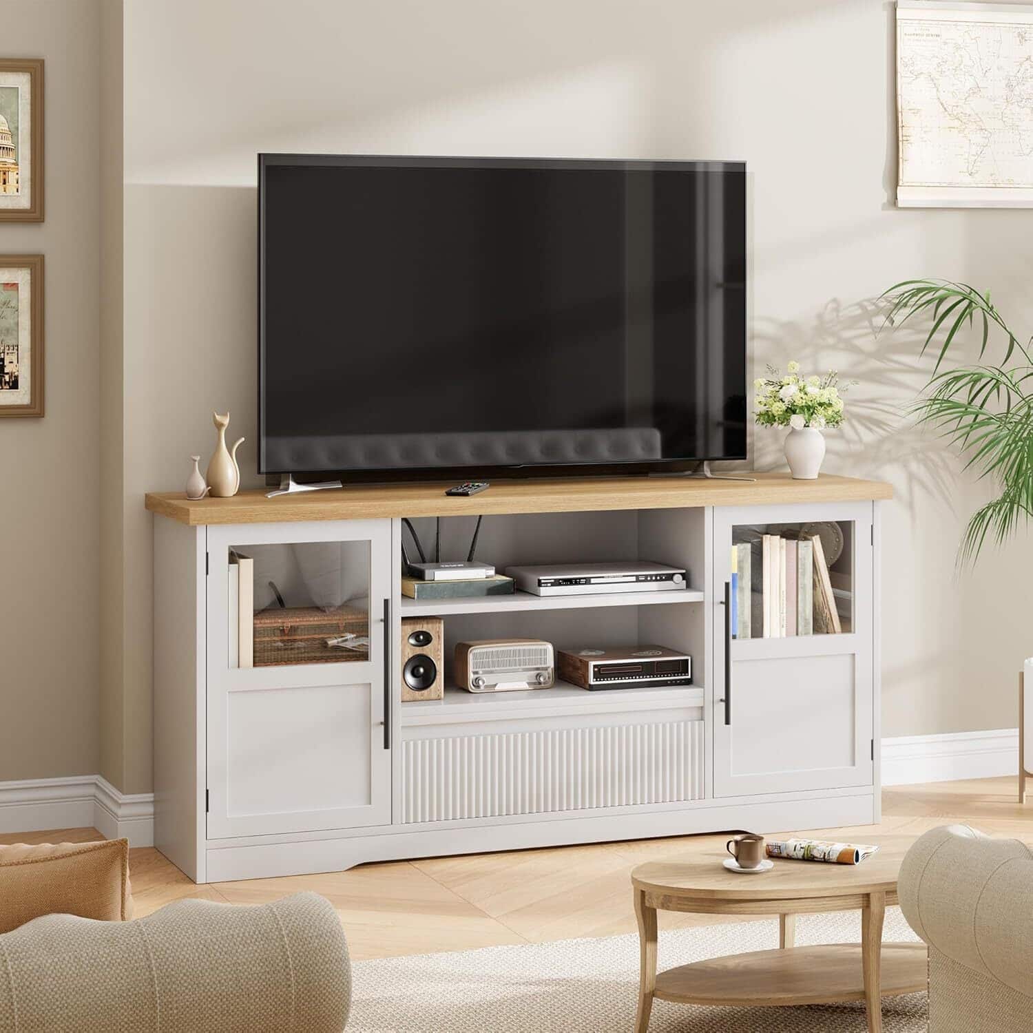 Front. Acekool - Retro TV Stand for 75 Inch TV Media Console with 2 Glass Cabinets & Open Shelves, White - White.