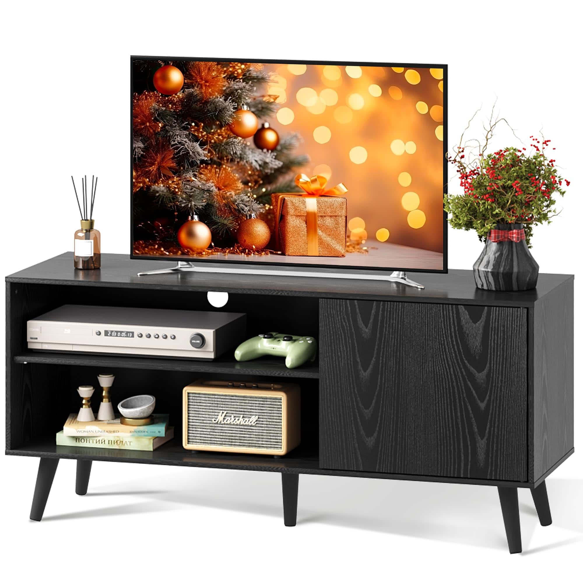 Hirose Alice - Tv Stand For 43 Inch Small Entertainment Center With Storage Cabinet & Adjustable Shelves Mid-century Modern S - Relief Black-39 Inch