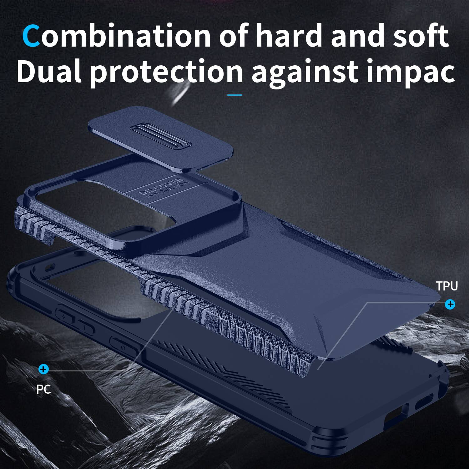 Combination of hard and soft  
Dual protection against impact

TPU  
+  
PC