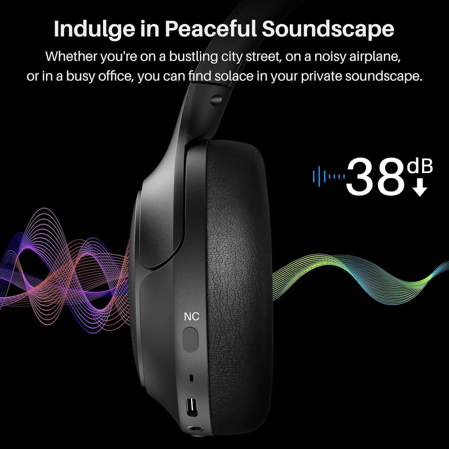 Indulge in Peaceful Soundscape  
Whether you're on a bustling city street, on a noisy airplane, or in a busy office, you can find solace in your private soundscape.  
dB 38+  
NC