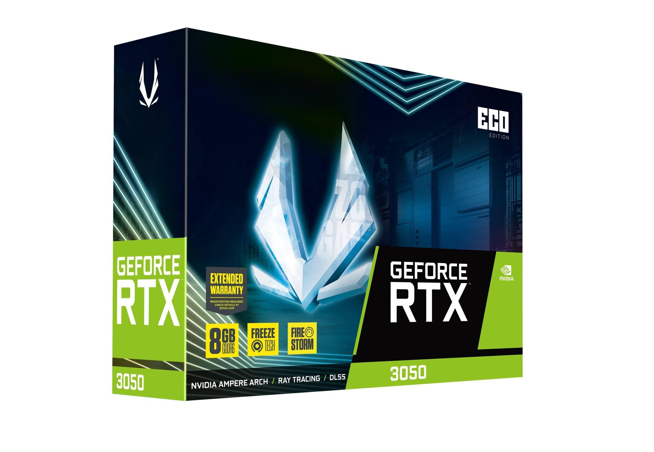 Sure, here is the corrected and grouped text from the image:

---

**ECO EDITION**

**GEFORCE RTX 3050**

**NVIDIA AMPERE ARCH / RAY TRACING / DLSS**

**8GB GDDR6**

**FREEZE TECH**

**FIRE STORM**

**EXTENDED WARRANTY**

**GEFORCE RTX 3050**

**NVIDIA**

---

This text is organized to reflect the key features and specifications of the product as shown on the packaging.