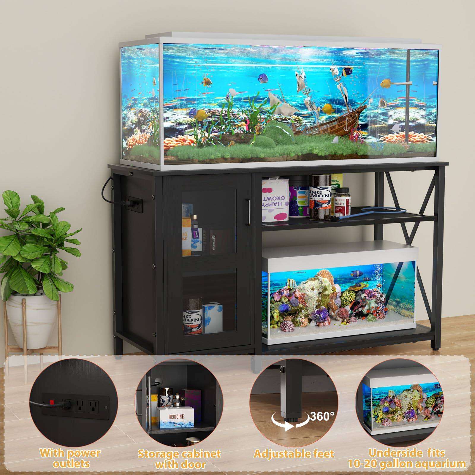GROWTH HAPPY  
NG MON G 3 EA ON MEDICINE 360  
With power outlets  
Storage cabinet with door  
Adjustable feet  
Underside fits 10-20 gallon aquarium