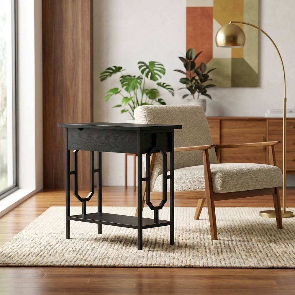 Alt View 1. FurniFact - Flip Top End Table with Integrated Charging Station for Modern Living - Black / Black.
