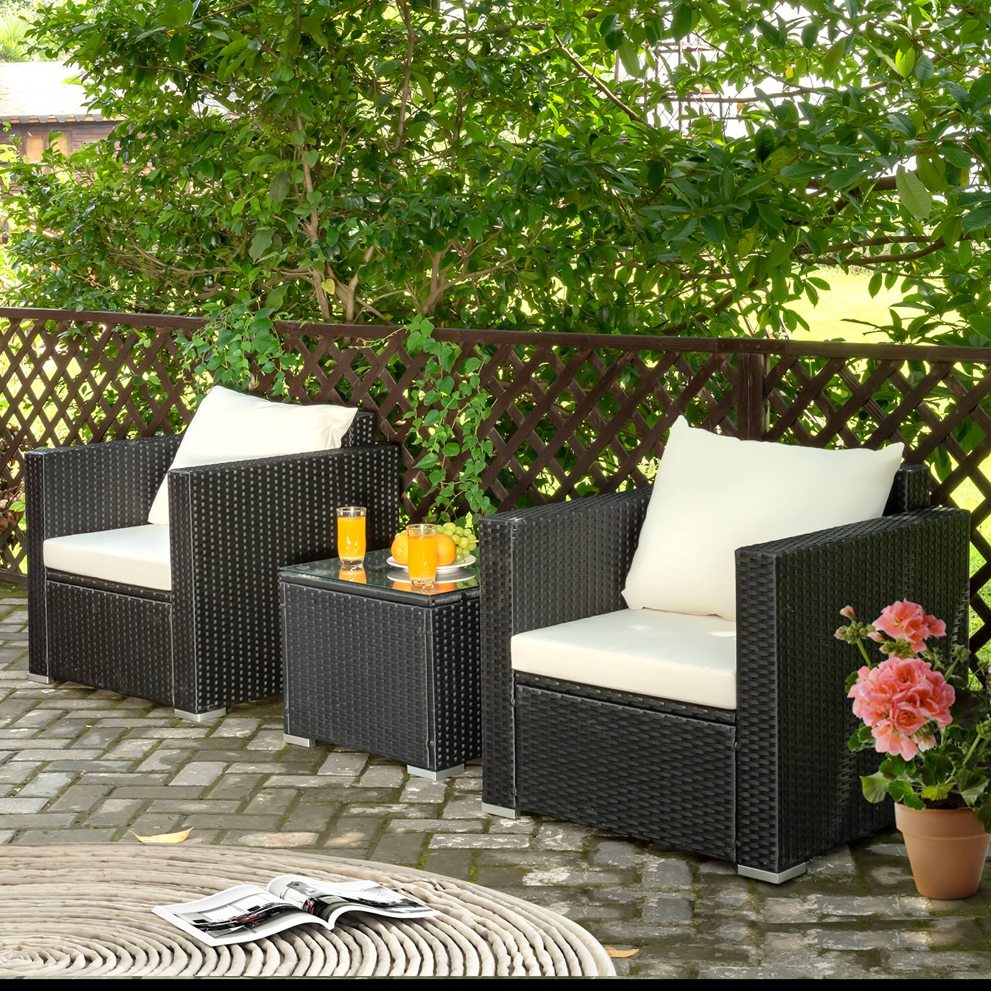 Alt View 3. Costway - 3PCS Patio wicker Furniture Set Conversation Rattan Sofa Set w/Cushion Garden - Black,White.