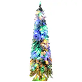 Homcom - Prelit Pencil Artificial Christmas Tree, 225 Snow Flocked Branches 100 LED Lights - Green