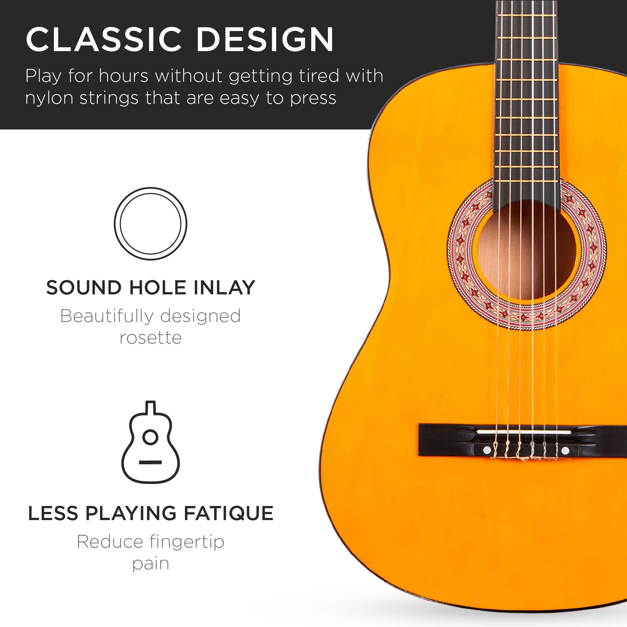 **CLASSIC DESIGN**  
Play for hours without getting tired with nylon strings that are easy to press

**SOUND HOLE INLAY**  
Beautifully designed rosette

**LESS PLAYING FATIGUE**  
Reduce fingertip pain