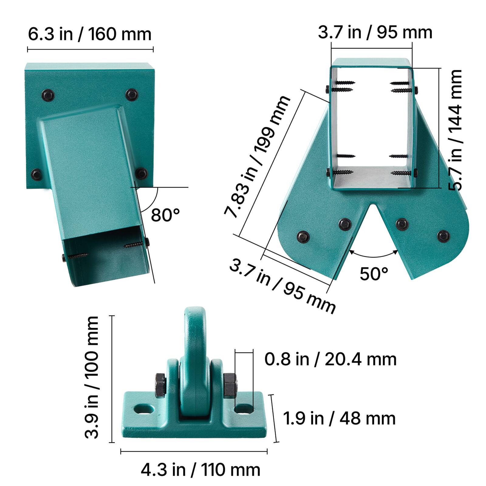 6.3 in / 160 mm  
3.7 in / 95 mm  
80°  
7.83 in / 199 mm  
5.7 in / 144 mm  
3.9 in / 100 mm  
0.8 in / 20.4 mm  
1.9 in / 48 mm  
4.3 in / 110 mm  
50°
