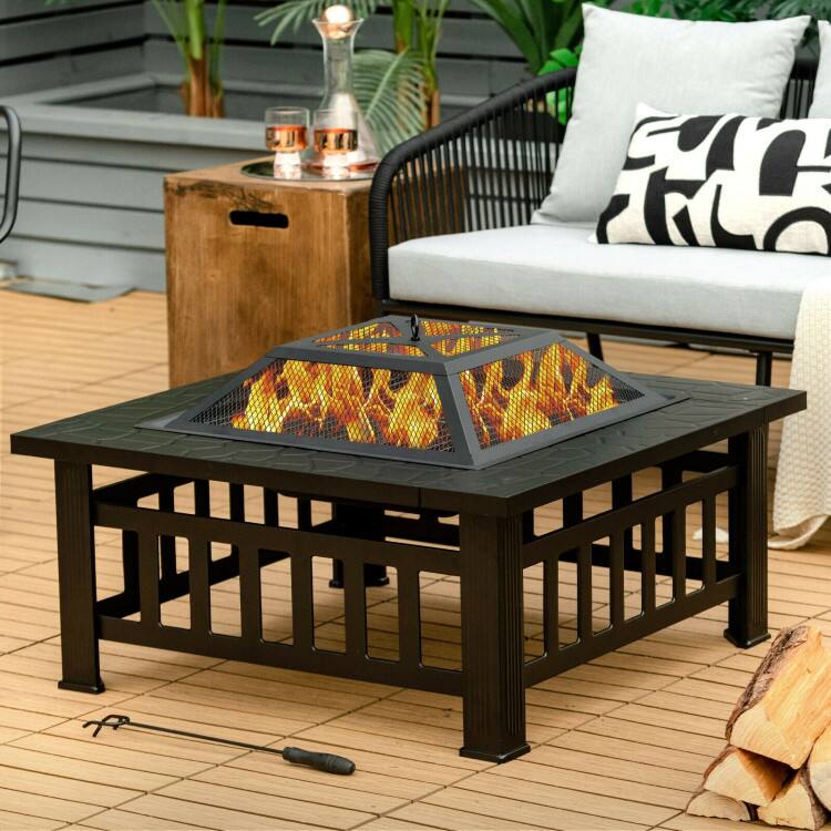Back. Mondawe - 32 Inch 3 in 1 Outdoor Square Fire Pit Table with BBQ Grill and Rain Cover for Camping - Black.