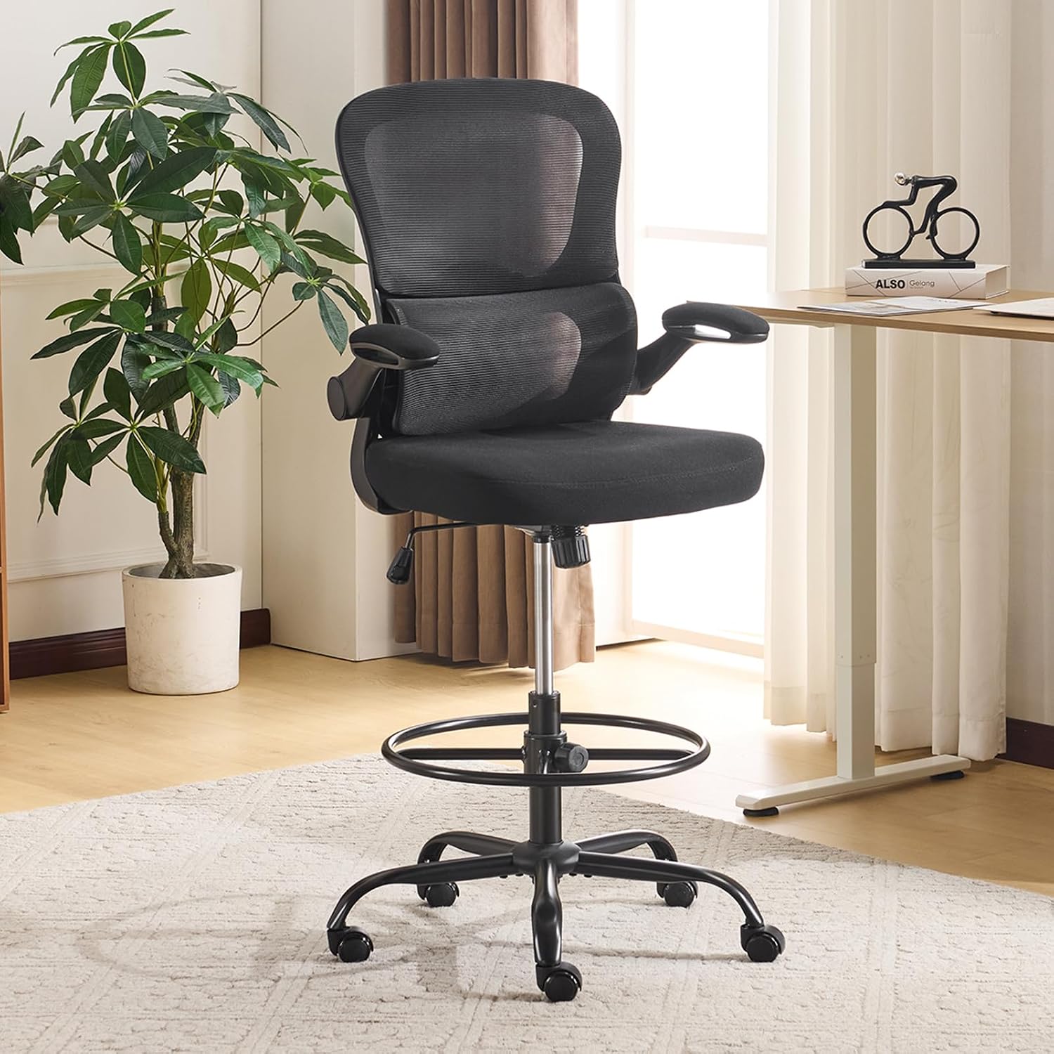 Winado - Office Artist Chair with Adjustable Footrest and Lumbar Support Contoured Back Support, Flip-Up Armrests, 360° Swivel - Mesh Black