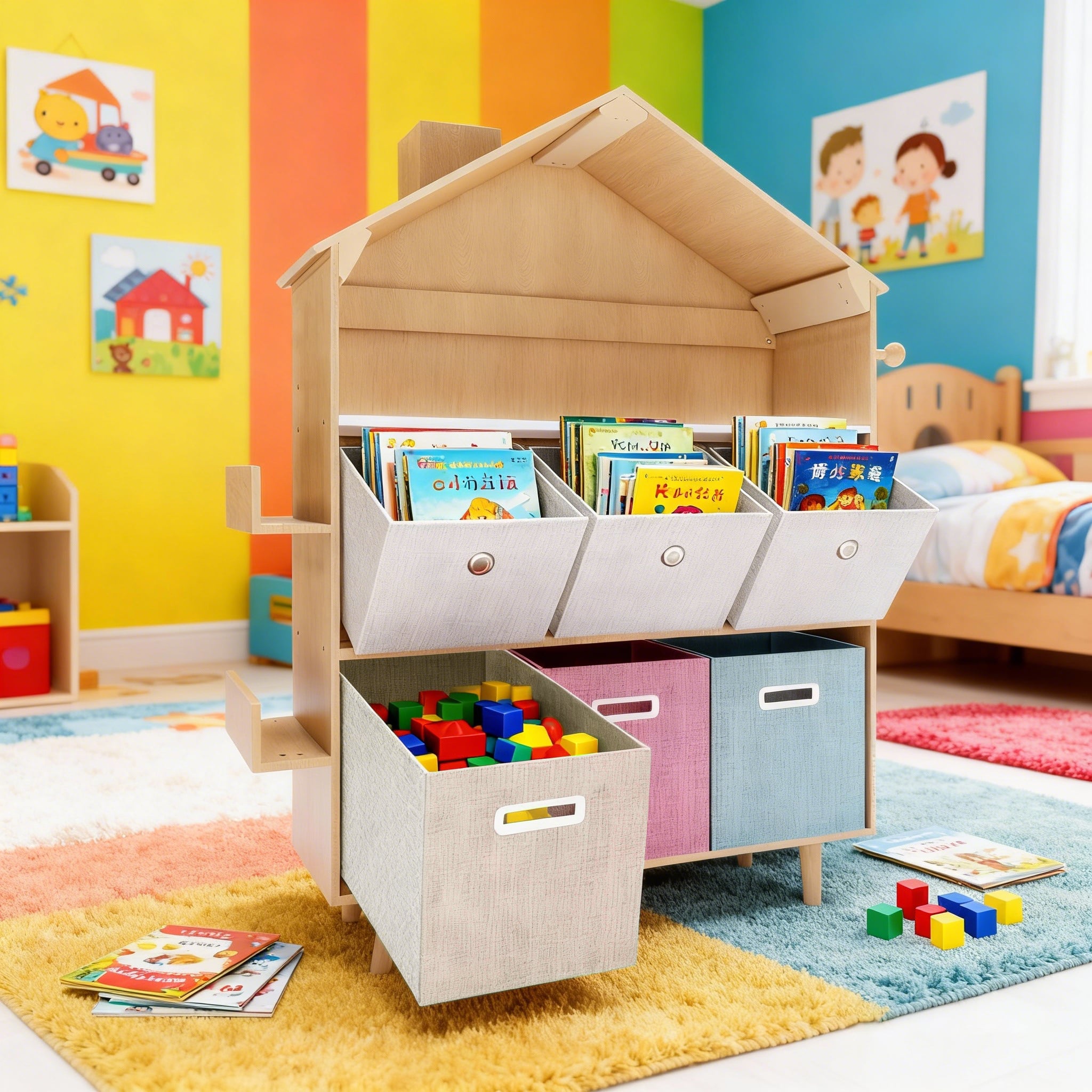 Fortune Candy - Kids Storage Organizer with 6 Removable Bins, House-Shaped Bookshelf, Vertical Toy & Book Storage Cabinet, MDF, Space-Sa - Multicolor