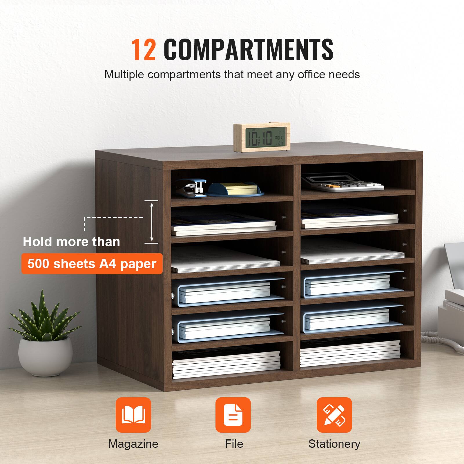 12 COMPARTMENTS  
Multiple compartments that meet any office needs  

Hold more than 500 sheets A4 paper  

Magazine  
File  
Stationery