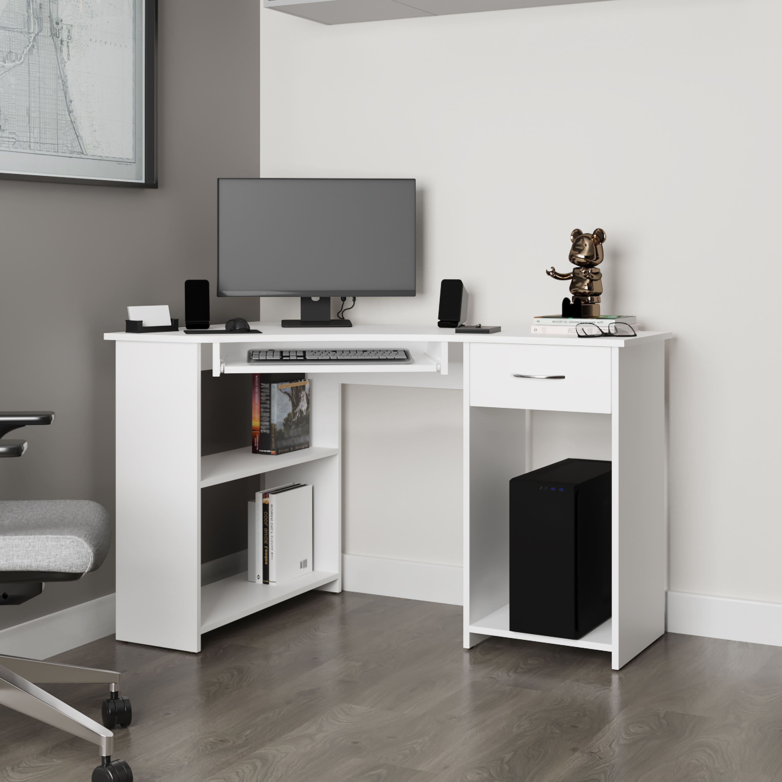 Tiramisubest - Corner Computer Desk, L-Shaped Home Office Desk with Drawer, Shelves, and CPU Space - White