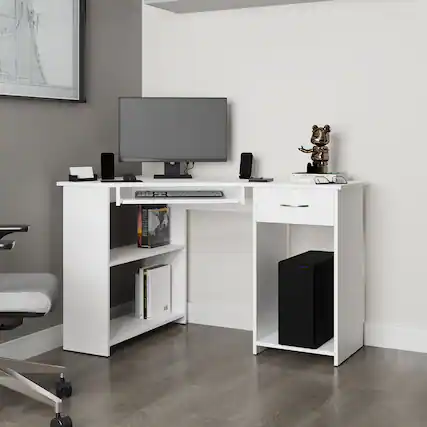 Front. Tiramisubest - Corner Computer Desk, L-Shaped Home Office Desk with Drawer, Shelves, and CPU Space, White - White.