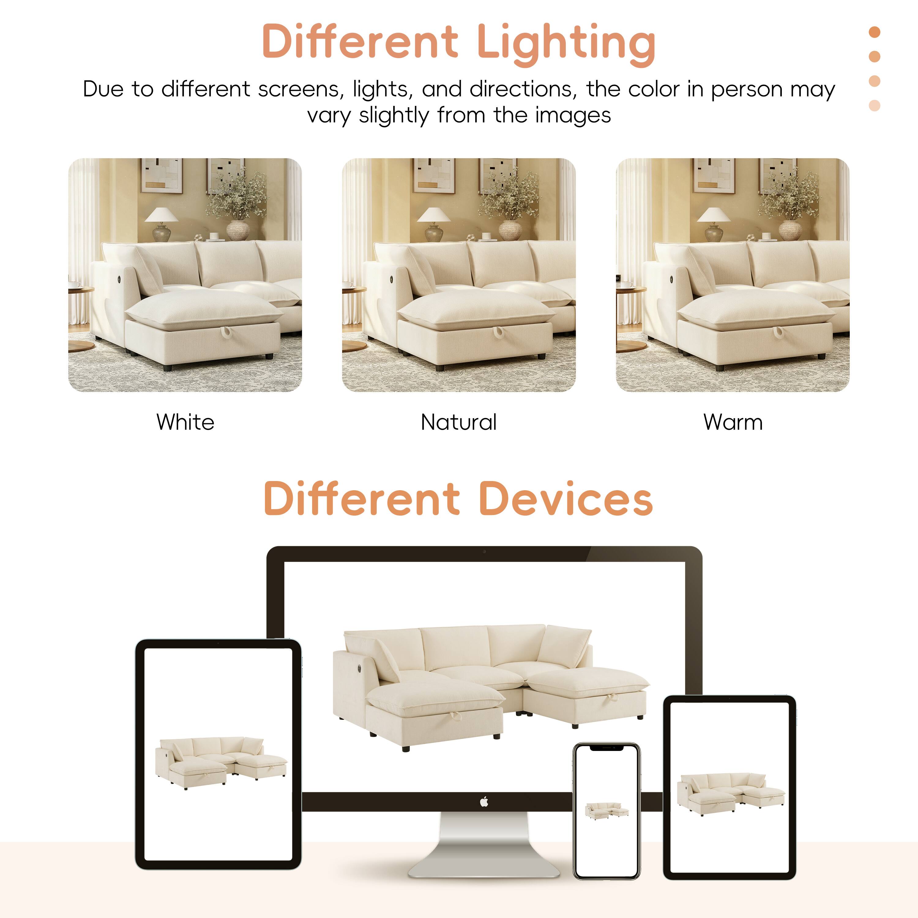 Different Lighting  
Due to different screens, lights, and directions, the color in person may vary slightly from the images  

White  
Natural  
Warm  

Different Devices