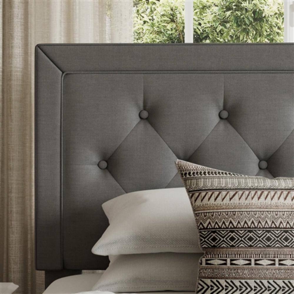 Left. Hivvago - Full size Grey Linen Upholstered Platform Bed Frame with Button-Tufted Headboard - Grey.