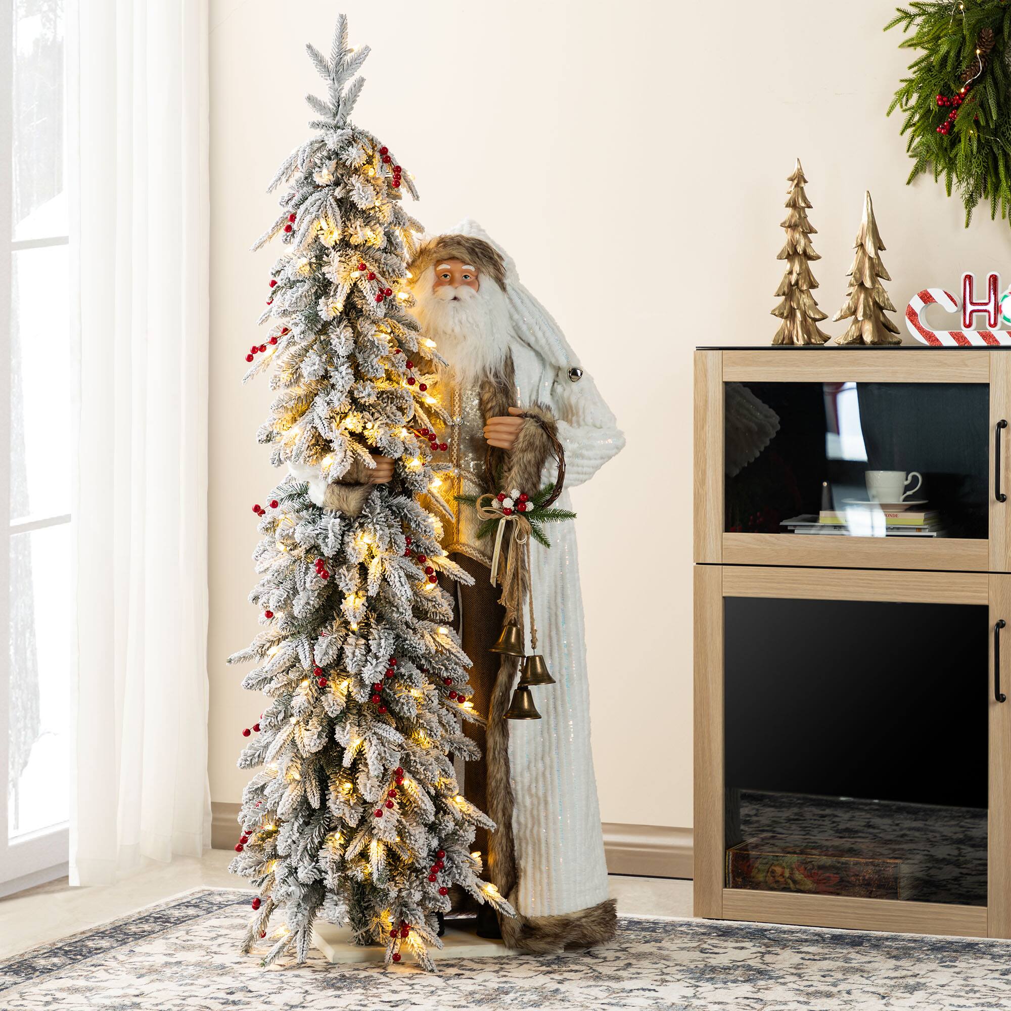 Glitzhome - 4FT Oversized Woodland Santa with 5FT Lighted Flocked Artificial Christmas Tree - Multi-Colored