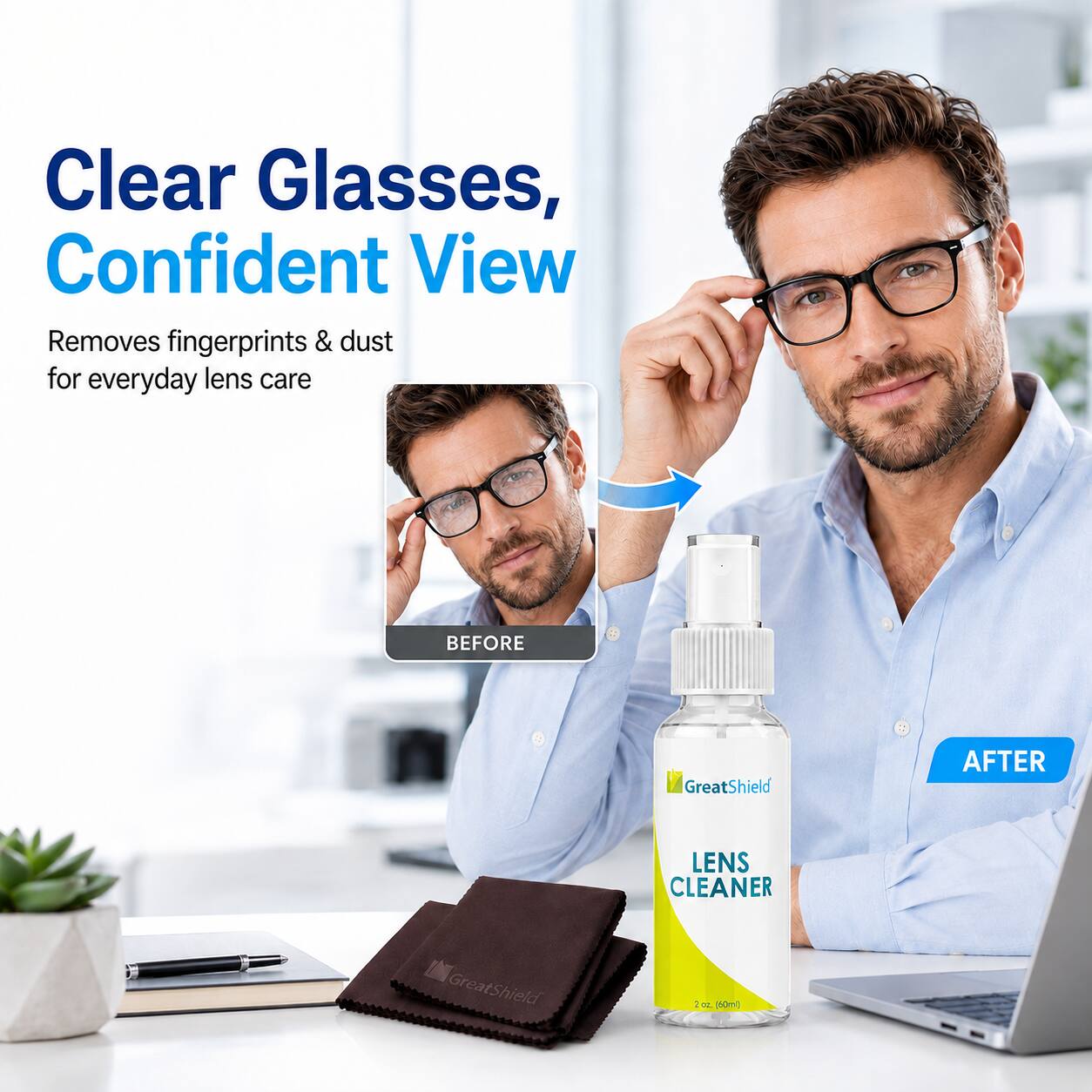 Clear Glasses, Confident View  
Removes fingerprints & dust for everyday lens care  

BEFORE  
AFTER  

GreatShield LENS CLEANER  
2 oz. (59ml)