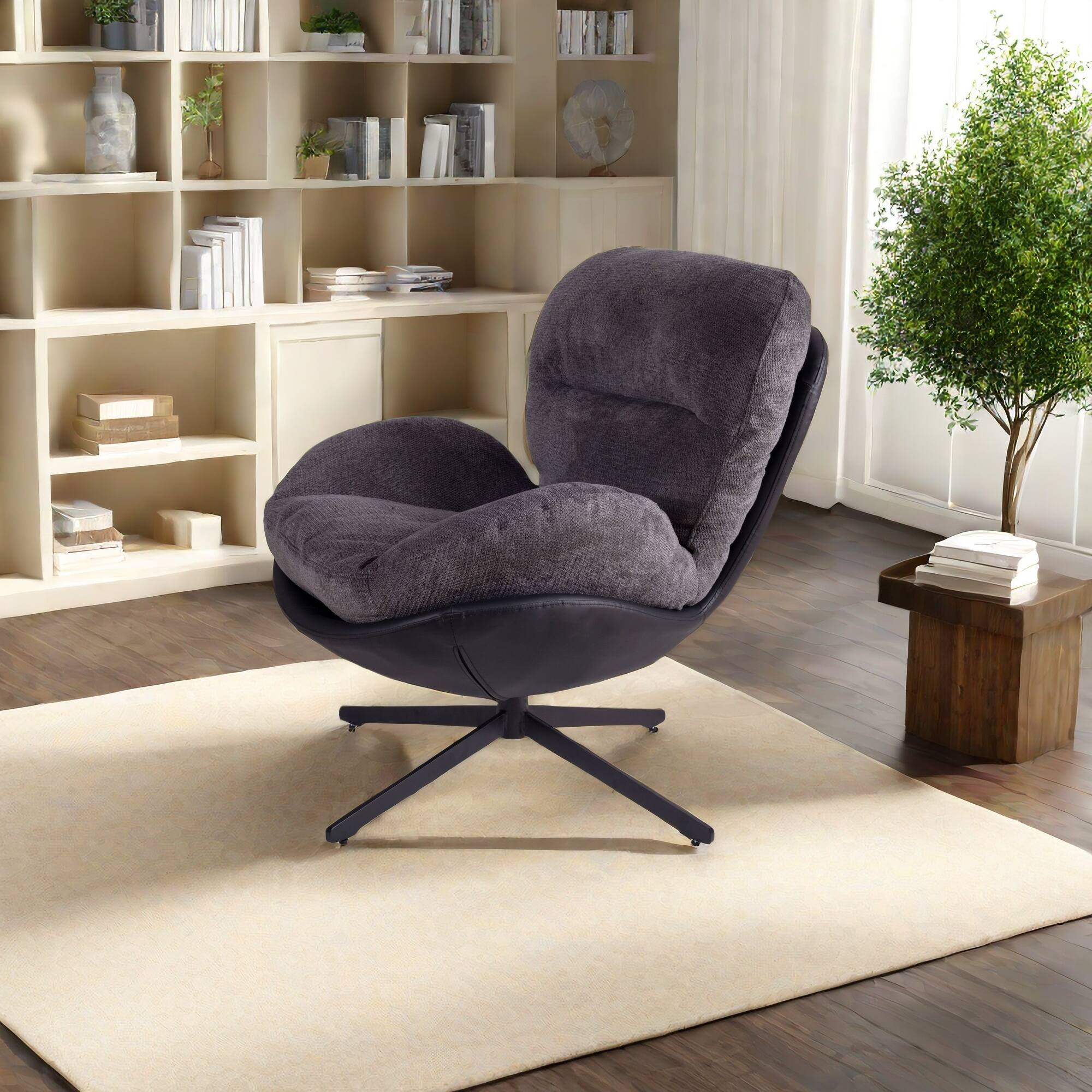 Alt View 5. APRILSOUL - 360 Swivel Office Chair Chenille Faux Leather Dark Gray Small Spaces - Black,Dark Gray.