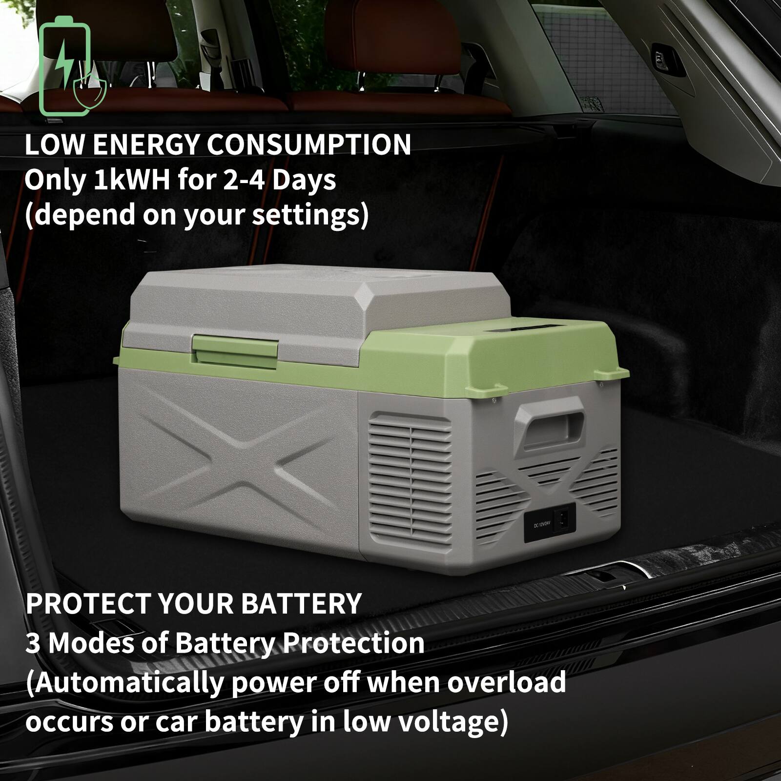 LOW ENERGY CONSUMPTION  
Only 1kWh for 2-4 Days (depend on your settings)

PROTECT YOUR BATTERY  
3 Modes of Battery Protection  
(Automatically power off when overload occurs or car battery in low voltage)