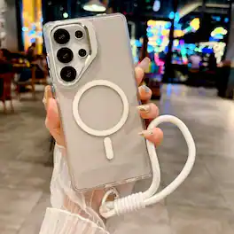 Dteck - Glitter Magnetic Case for Samsung Galaxy S25 Ultra,Shockproof Rugged Hidden Lens Kickstand Phone Cover with Wrist Strap - White