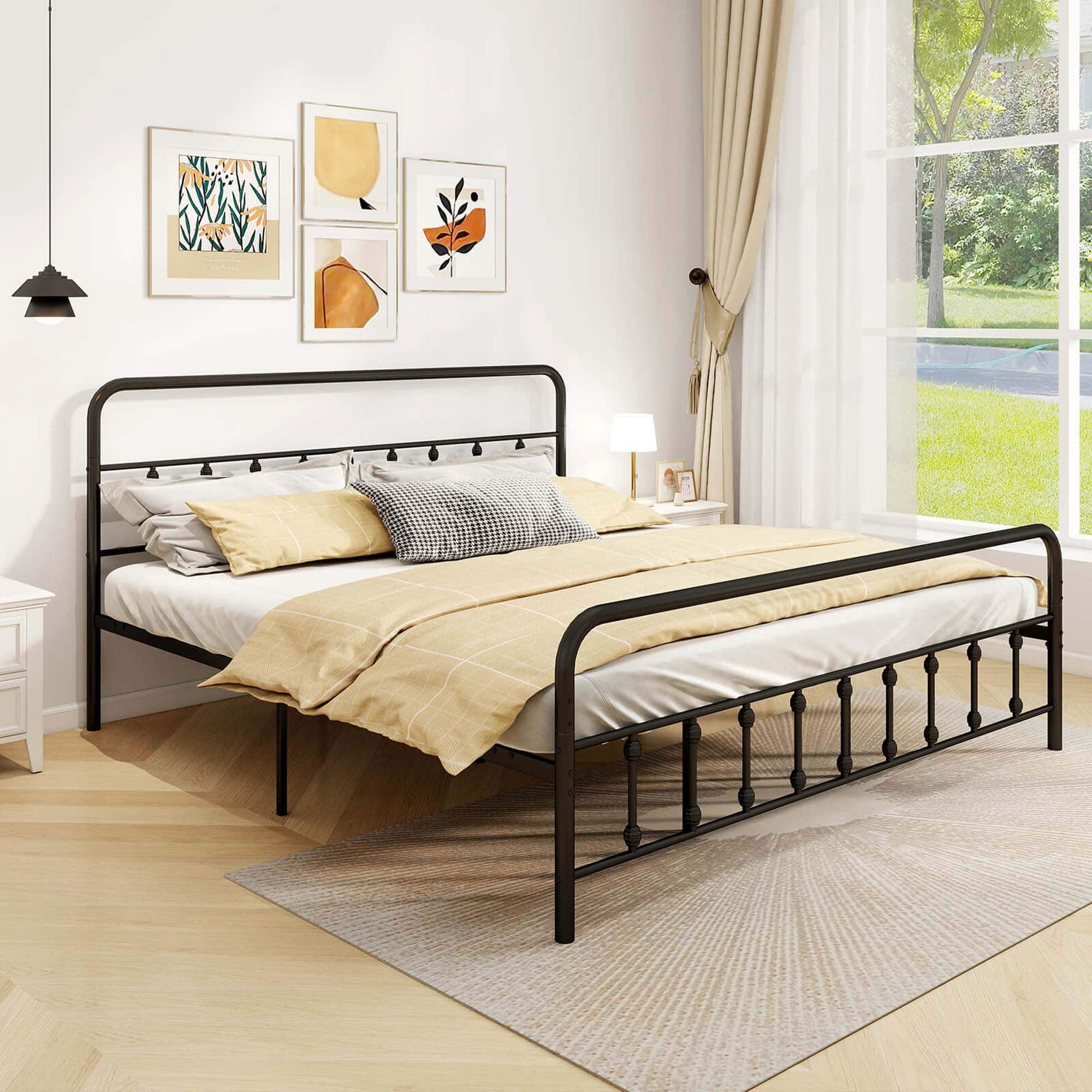 Costway - King Size Bed Frame with Headboard Under Bed Storage No Box Spring Needed - Black