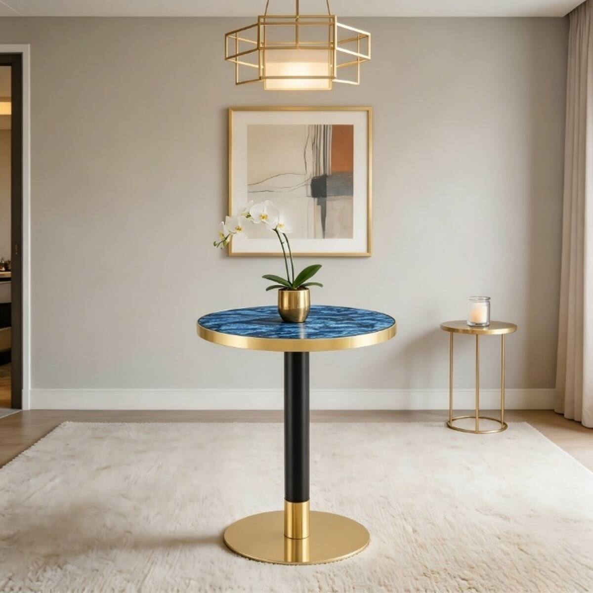 Front. Loheer - Loheer Round Bistro Dining Table, Emerald Blue Faux Stone Top, 23.6-Inch Compact Accent Table - Black, blue, and gold.