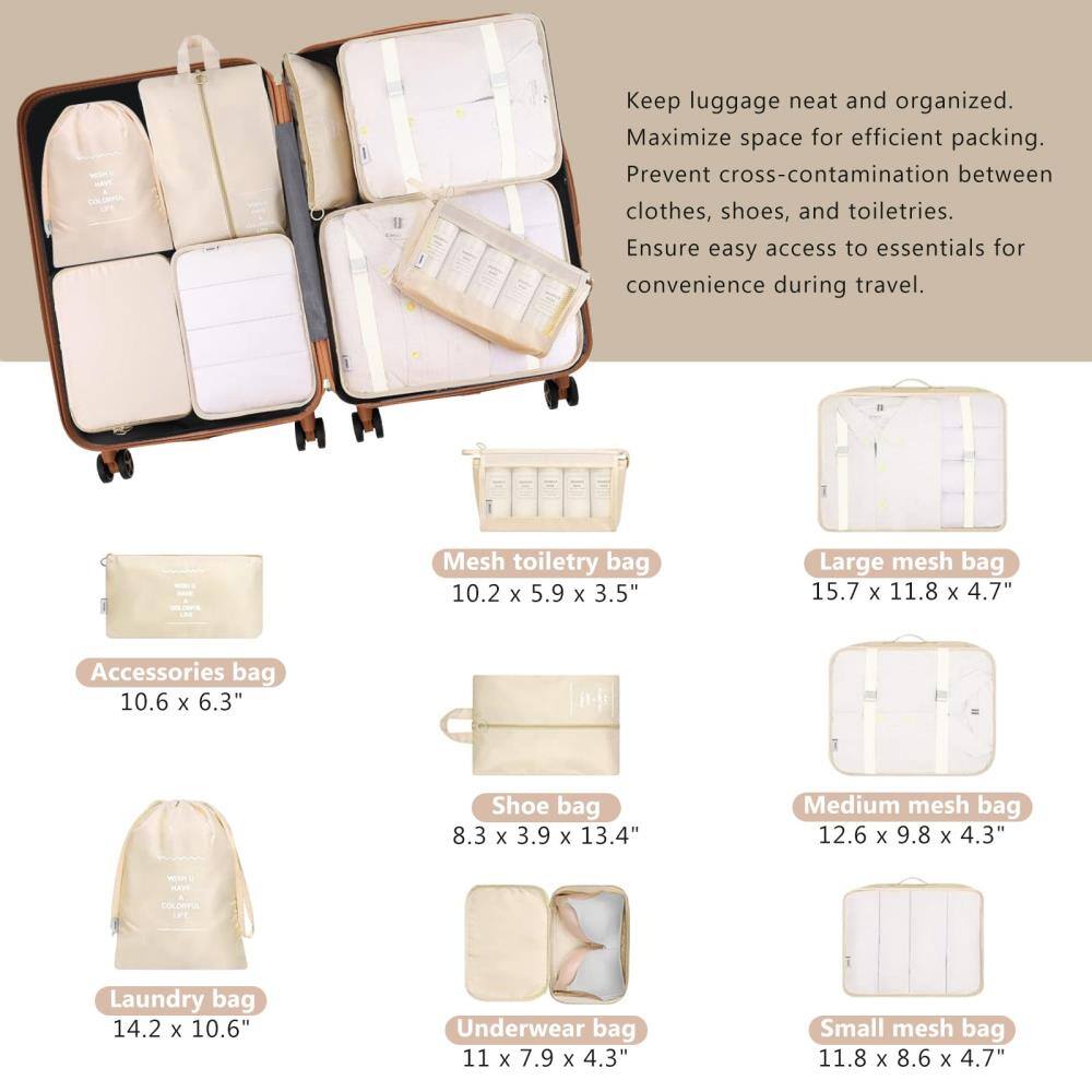 Keep luggage neat and organized.  
Maximize space for efficient packing.  
Prevent cross-contamination between clothes, shoes, and toiletries.  
Ensure easy access to essentials for convenience during travel.  

- Mesh toiletry bag: 10.2 x 5.9 x 3.5"  
- Large mesh bag: 15.7 x 11.8 x 4.7"  
- Accessories bag: 10.6 x 6.3"  
- Shoe bag: 8.3 x 3.9 x 13.4"  
- Medium mesh bag: 12.6 x 9.8 x 4.3"  
- Laundry bag: 14.2 x 10.6"  
- Underwear bag: 11 x 7.9 x 4.3"  
- Small mesh bag: 11.8 x 8.6 x 4.7"