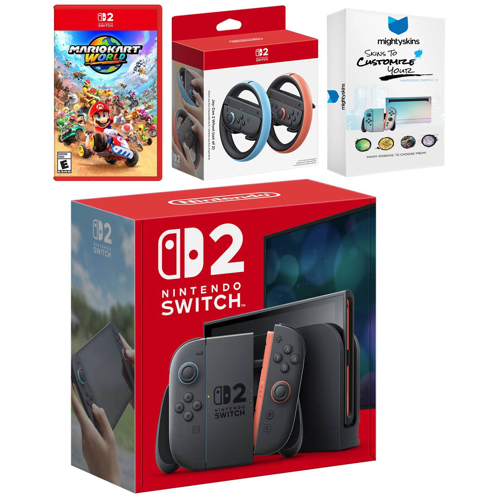Switch 2 Console with Mario Kart World, Joy Con Wheel and MightySkins Code Bundle - Nintendo Switch 2