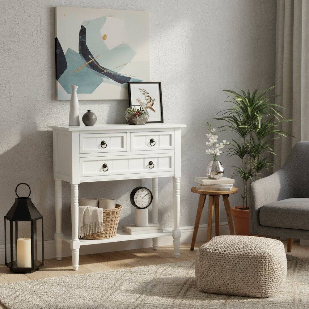 Alt View 4. FurniFact - Kendra Hall Table with 3 Drawers and 2 Shelves - White.