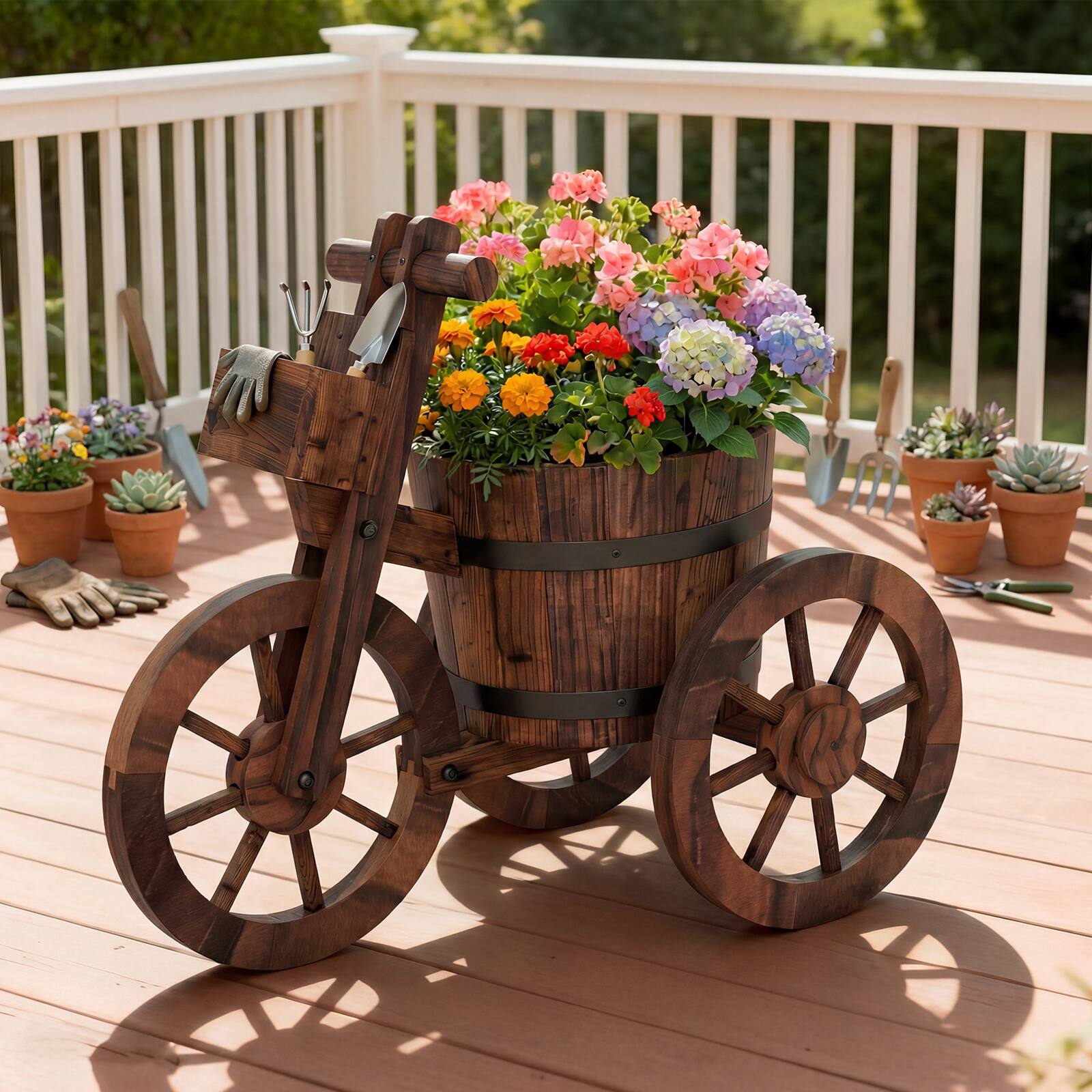 Alt View 3. Costway - Costway 2 PCS Rustic Wood Tricycle Planter with Barrel Pot & Storage Box for Patio Garden - Coffee.
