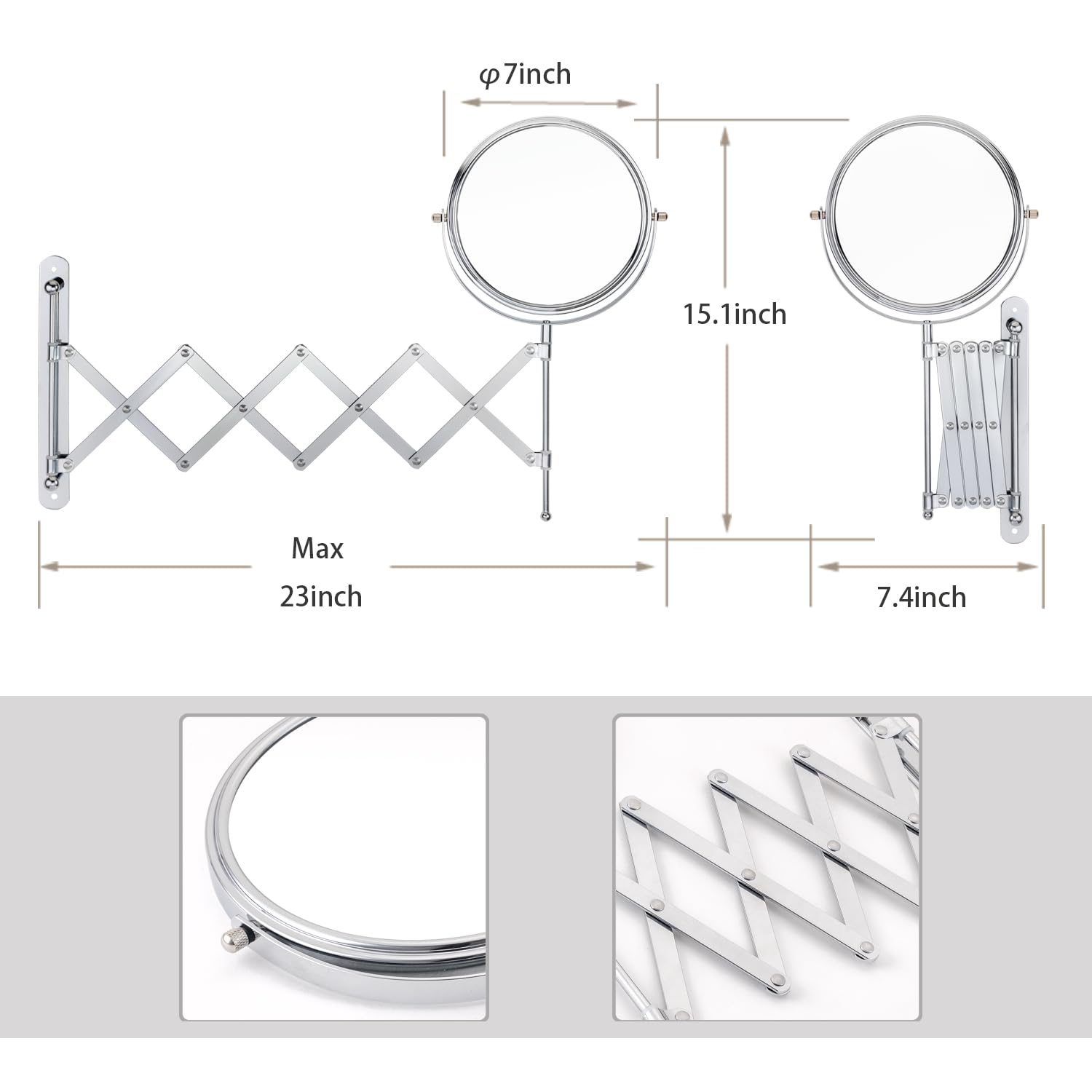 - Diameter: 7 inches
- Height: 15.1 inches
- Maximum extension: 23 inches
- Width: 7.4 inches