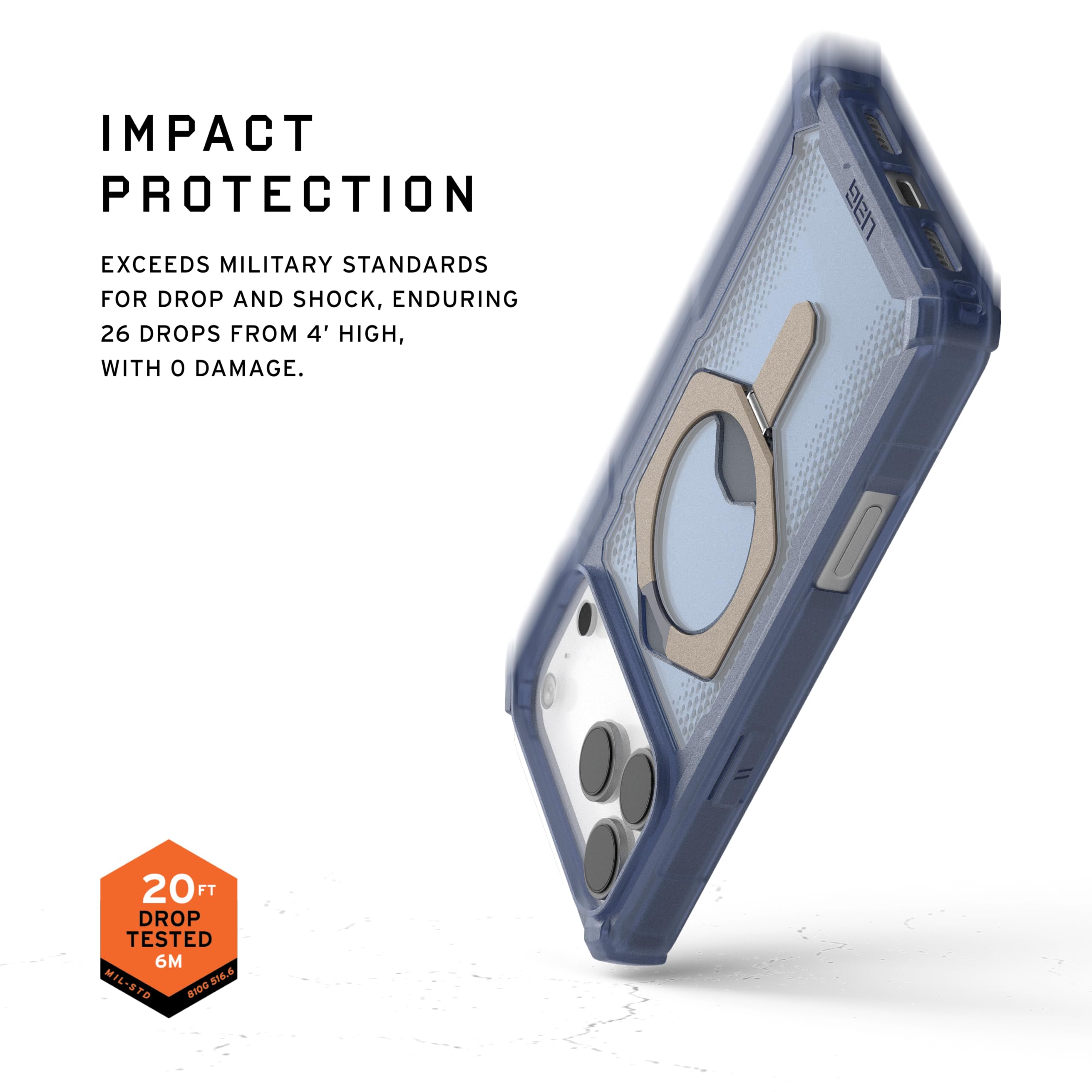 IMPACT PROTECTION

EXCEEDS MILITARY STANDARDS FOR DROP AND SHOCK, ENDURING 26 DROPS FROM 4' HIGH, WITH 0 DAMAGE.

20 FT DROP TESTED 6M

MIL-STD 810G