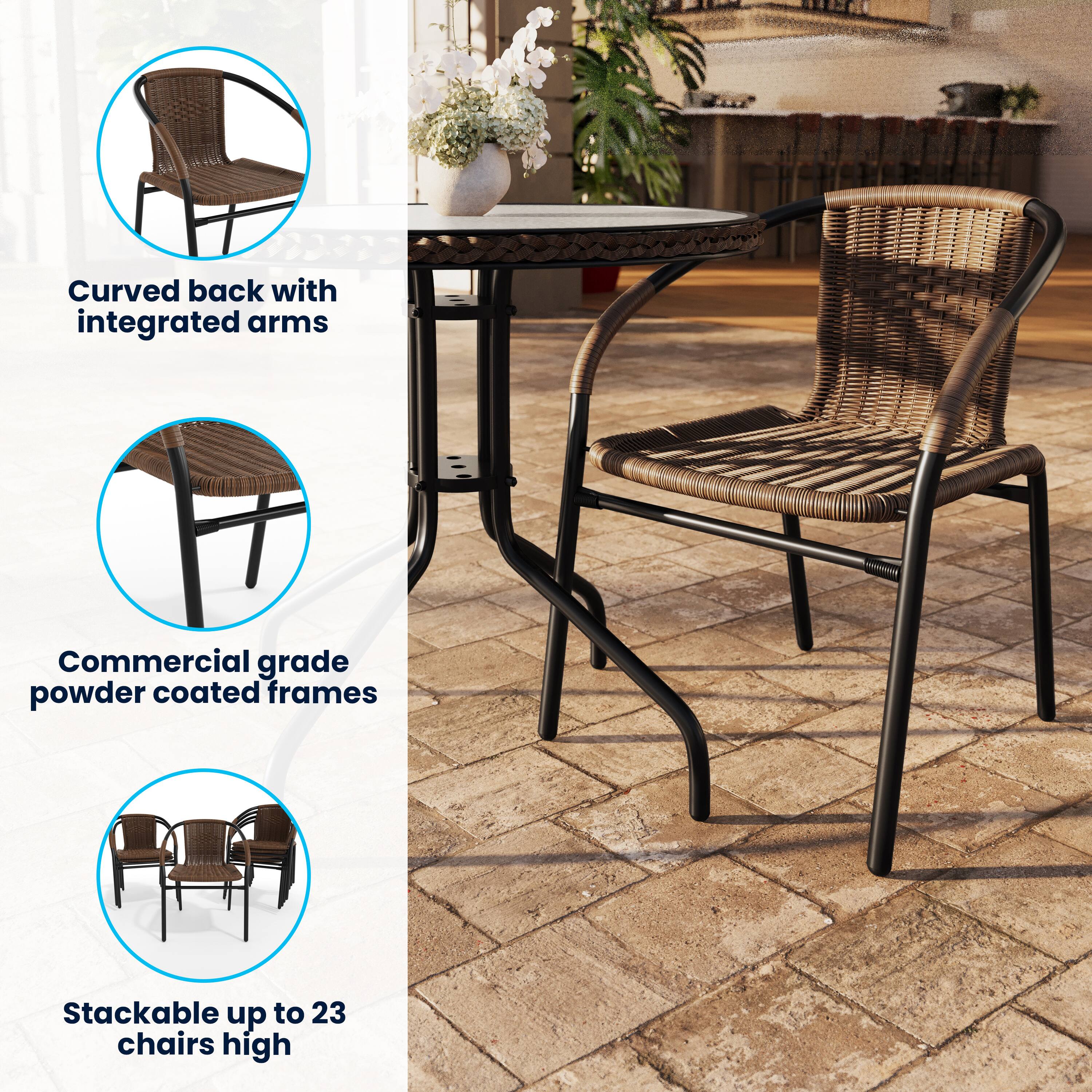 Curved back with integrated arms  
Commercial grade powder coated frames  
Stackable up to 23 chairs high